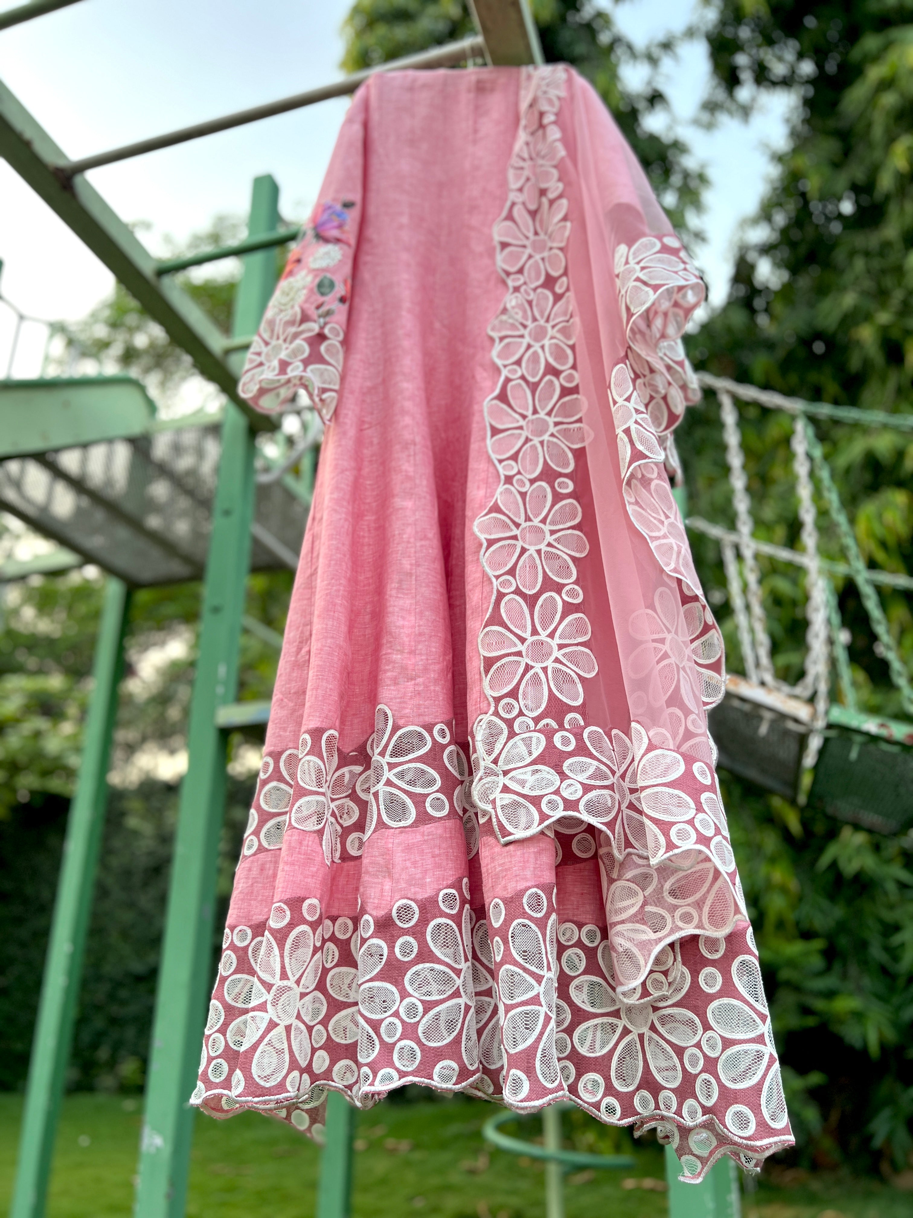 Pink Linen Floral Anarkali
