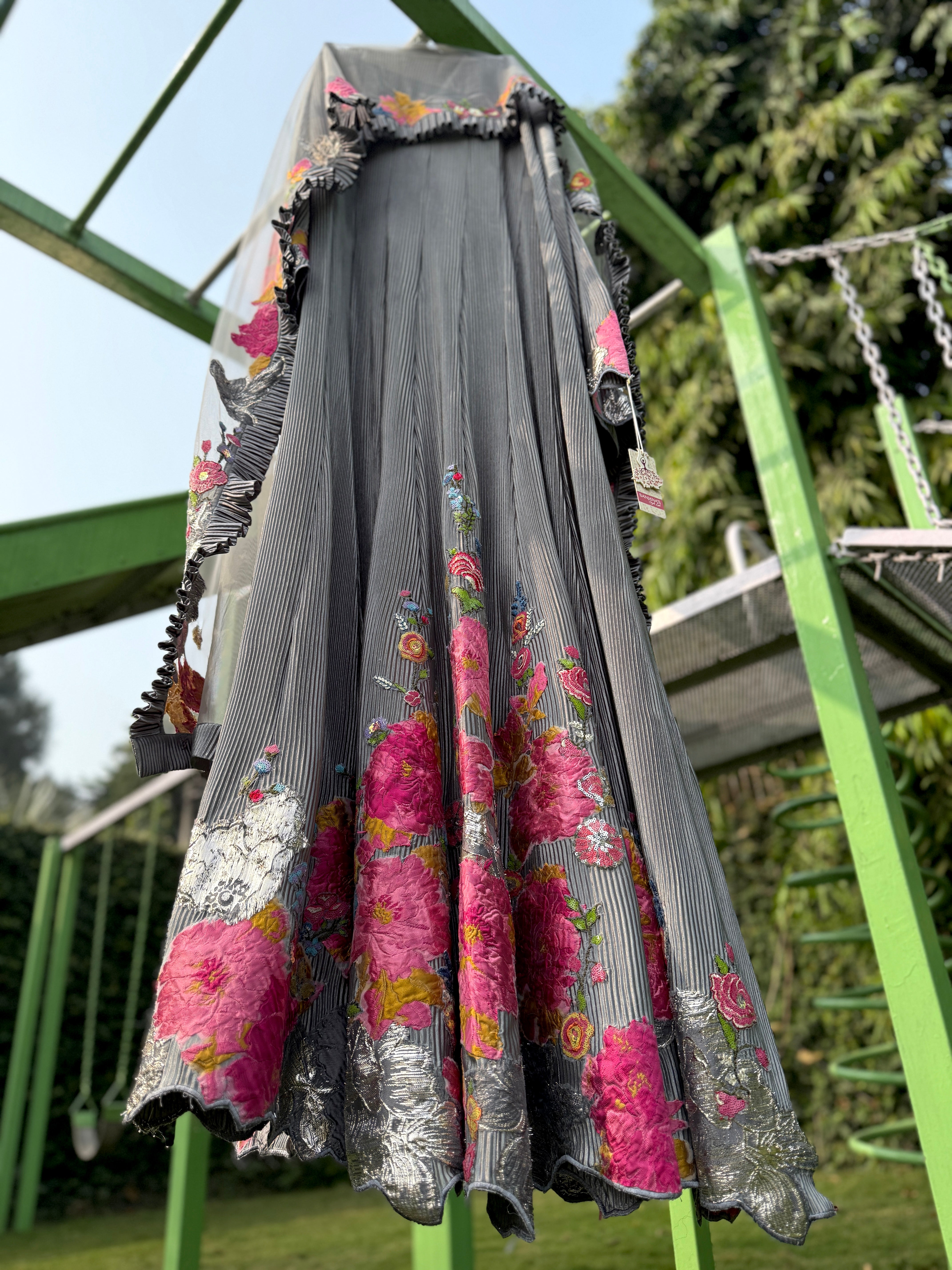 Grey Pleated Jaquard Anarkali