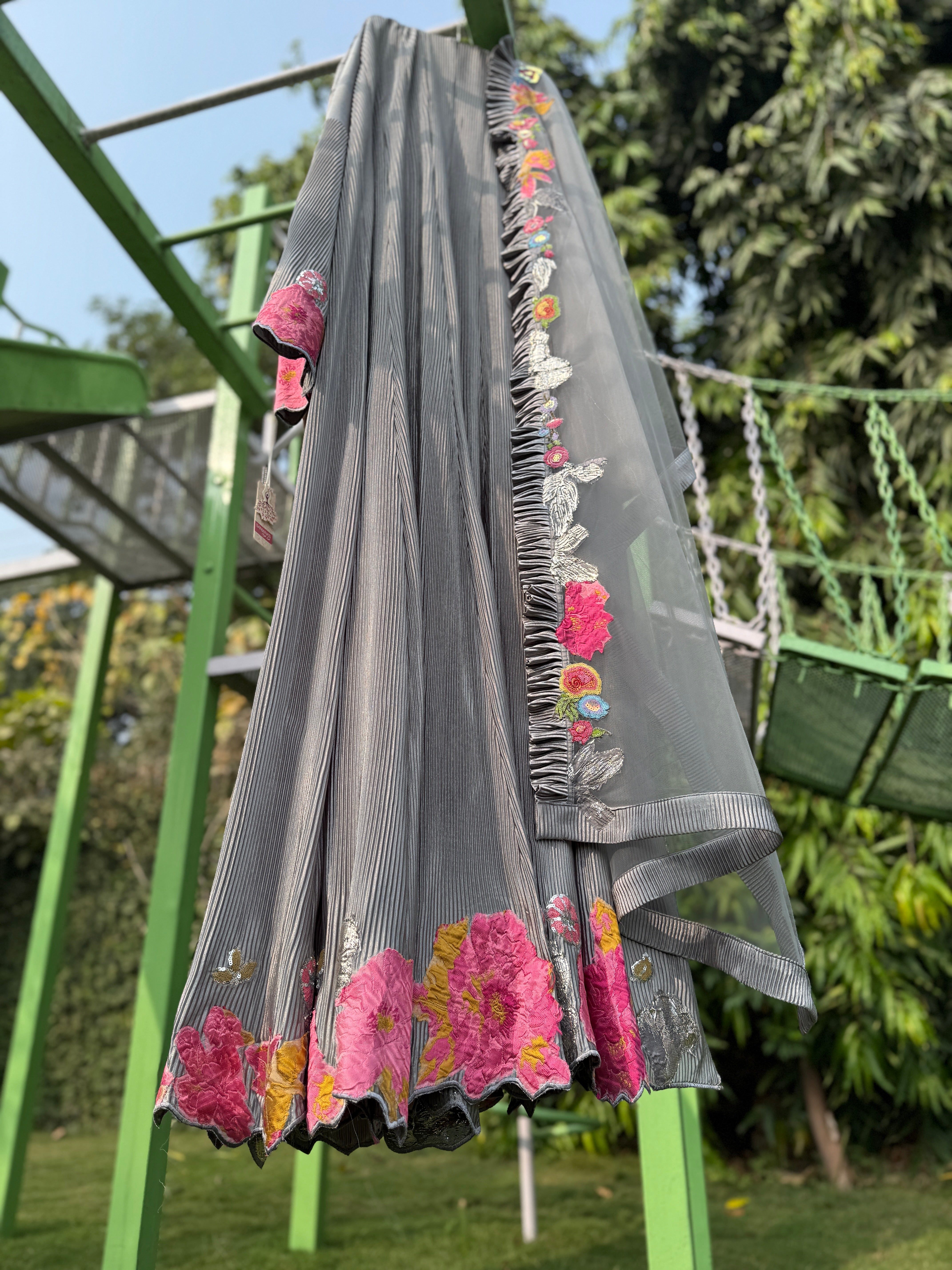 Grey Pleated Jaquard Anarkali