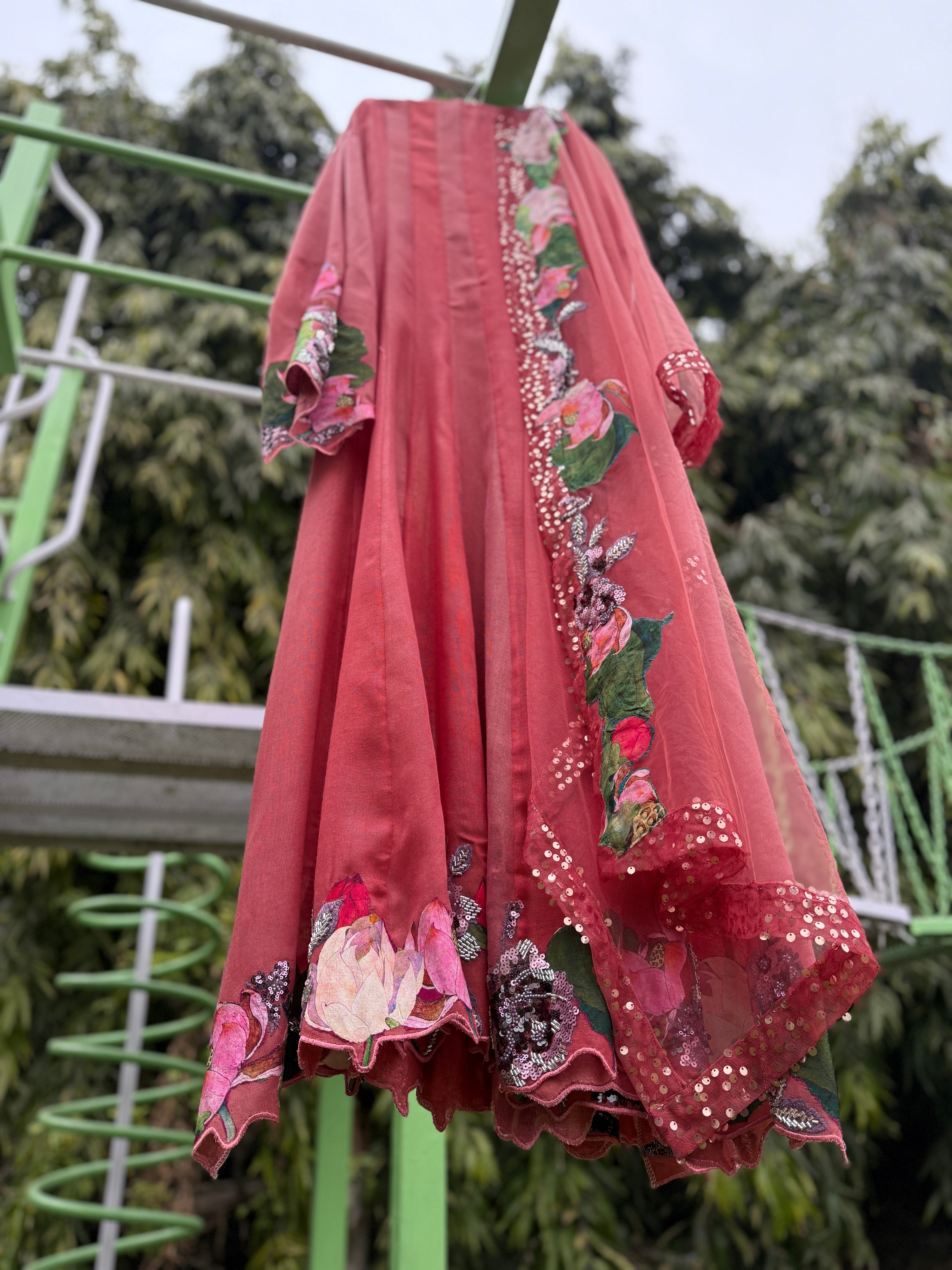 Pink Jute Floral Anrakali Solo